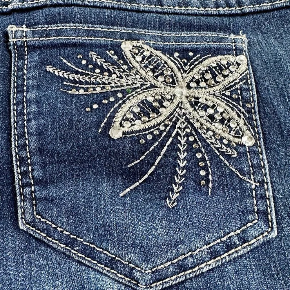 Christopher & Banks Rhinestone Jean Shorts Sz 6 Blue Pockets‎ Flowers Cuffed EUC
